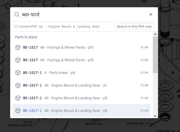 In-PDF search with amber highlights and a sidebar listing every hit grouped by page
