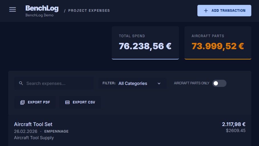 Aircraft build expense tracking by section