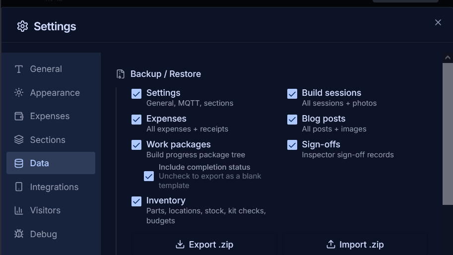 Full aircraft build data export — your data, always yours